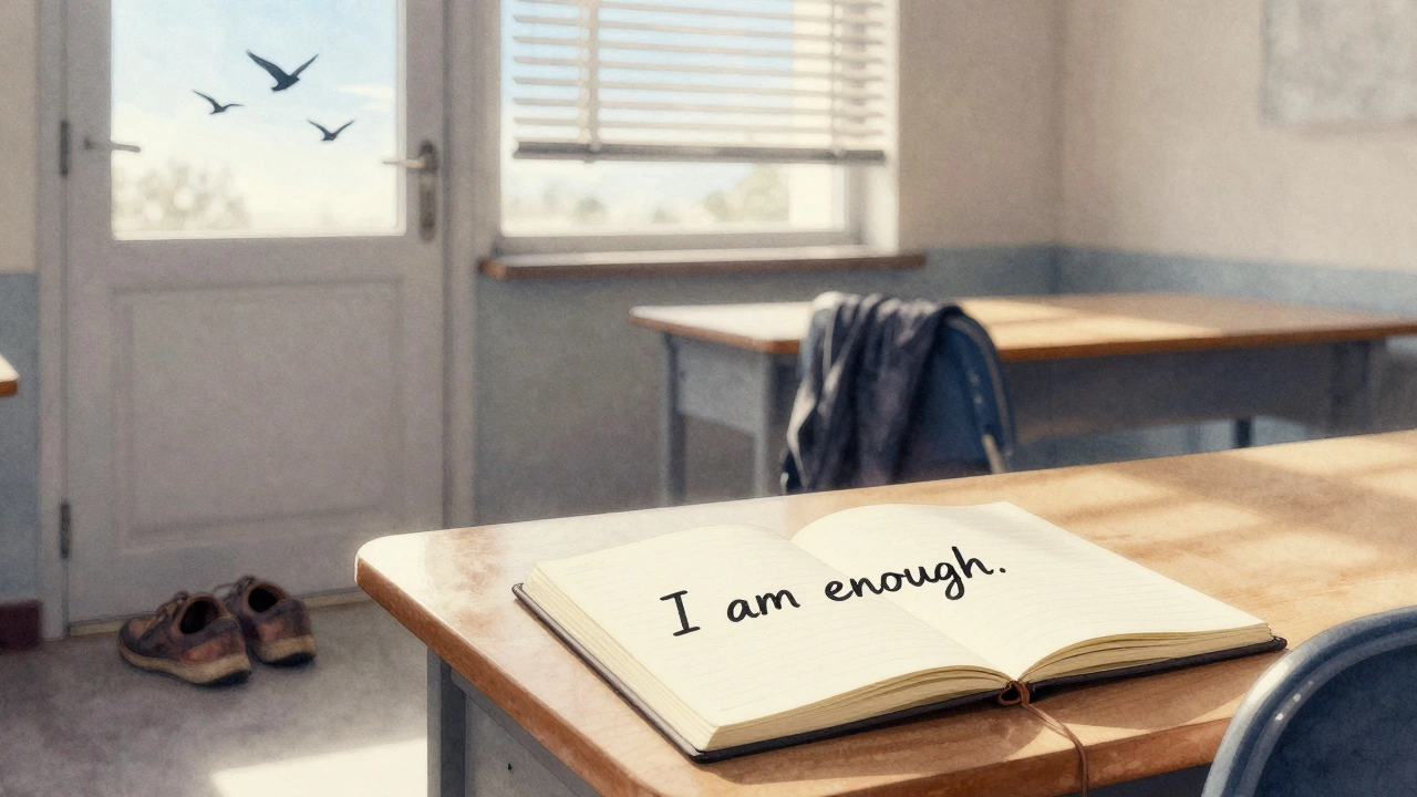 An empty study room at dawn with a note saying 'I am enough' and worn shoes by the door.