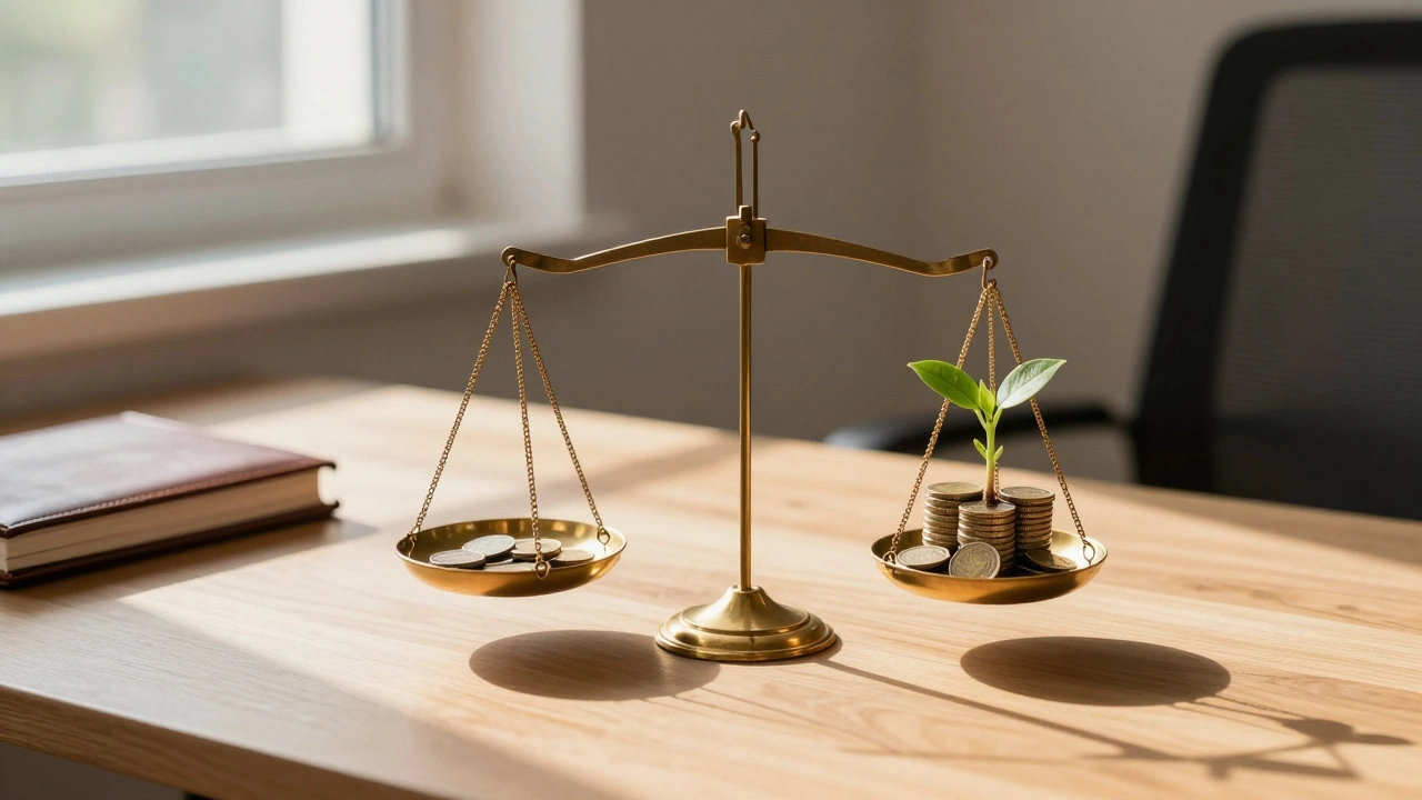 Balanced scales with plant and coins on desk