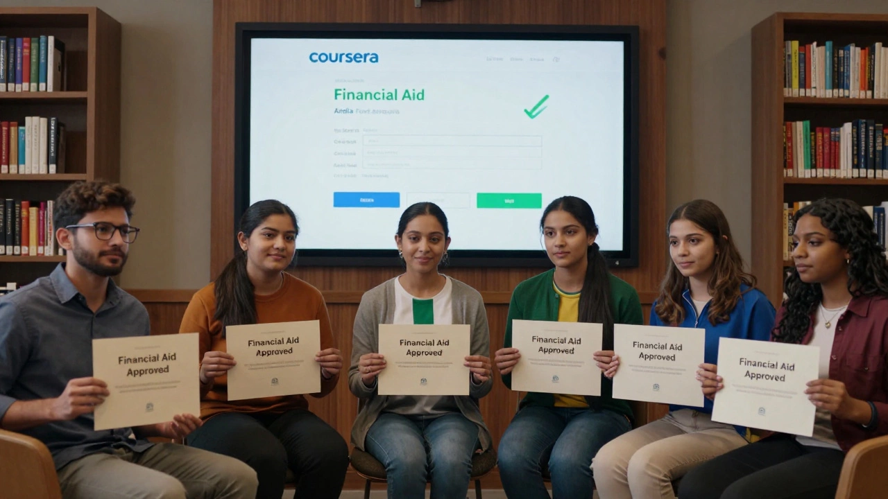 Diverse learners holding financial aid-approved certificates in a library setting.