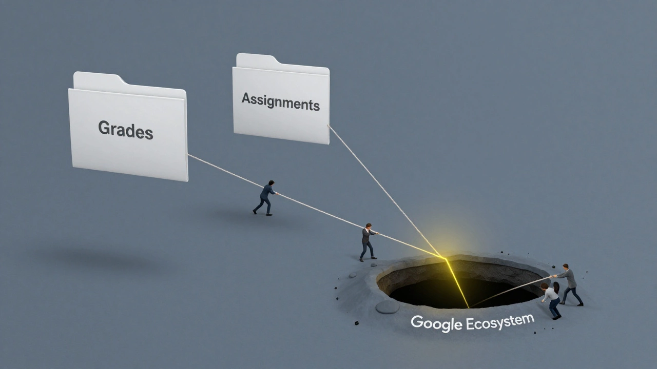 Floating digital files drifting into a black hole, tiny figures struggling to retrieve them with ropes.