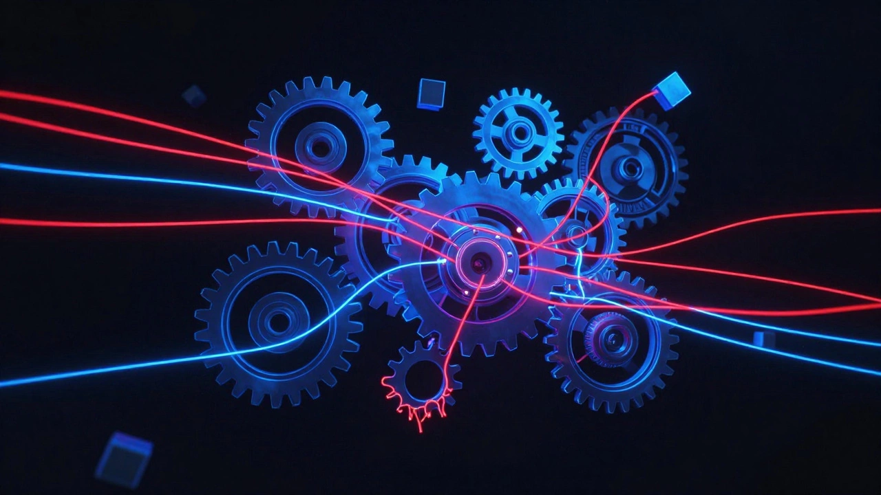 Glowing neon threads and gears representing complex memory systems.