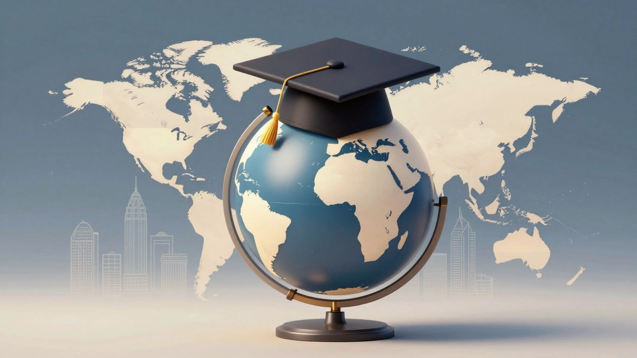 Graduation cap on globe with city outlines