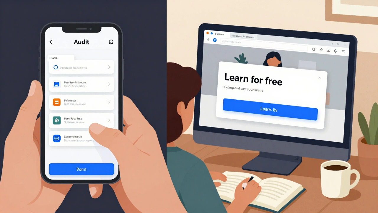 Split-screen showing hidden audit link on mobile vs. clear free access on desktop.