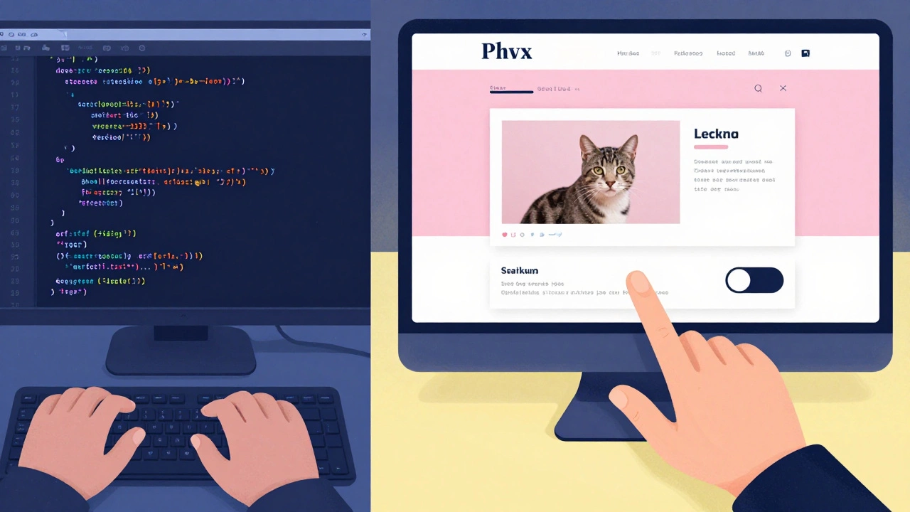 Split view showing coding errors on one side and a simple colorful webpage being built on the other.