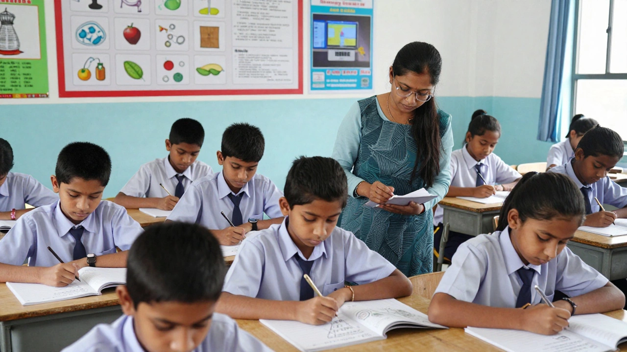 Students in a Tamil Nadu government school studying science with state-provided materials and a dedicated teacher.