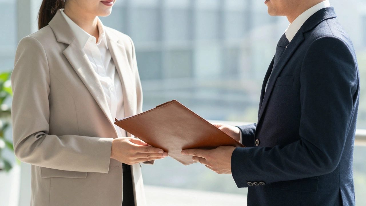 Two professionals exchanging a portfolio in a bright lobby.