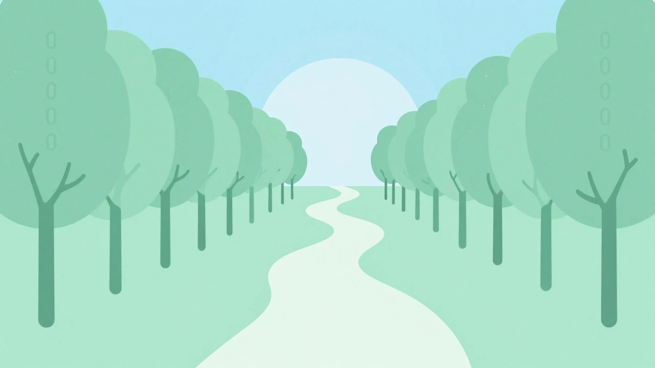 Winding path through binary trees leading to a sunlit horizon.