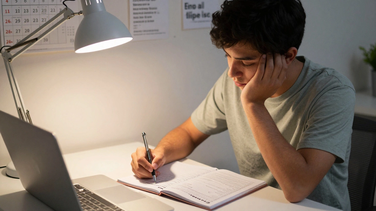 A focused student analyzing a mock test and writing in an error log under a warm desk lamp.