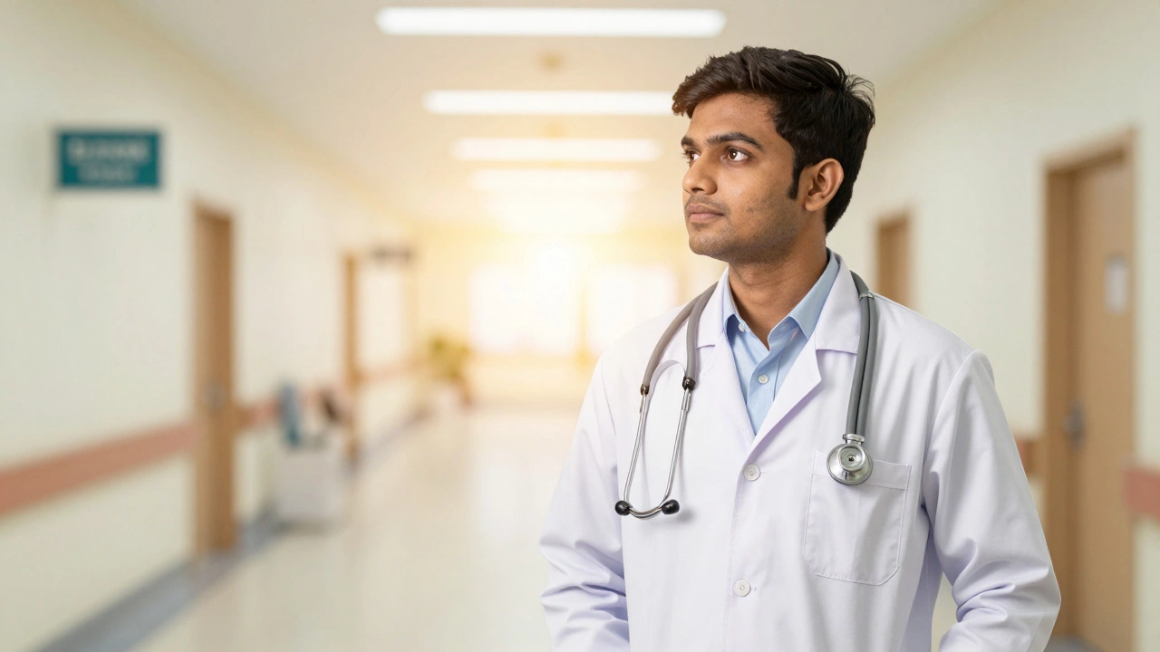 A medical student in a white coat looking toward a bright future, symbolizing career investment