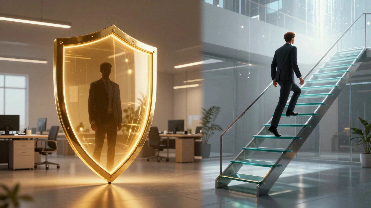 A split image comparing the stability of a shield and the climb of a career ladder.