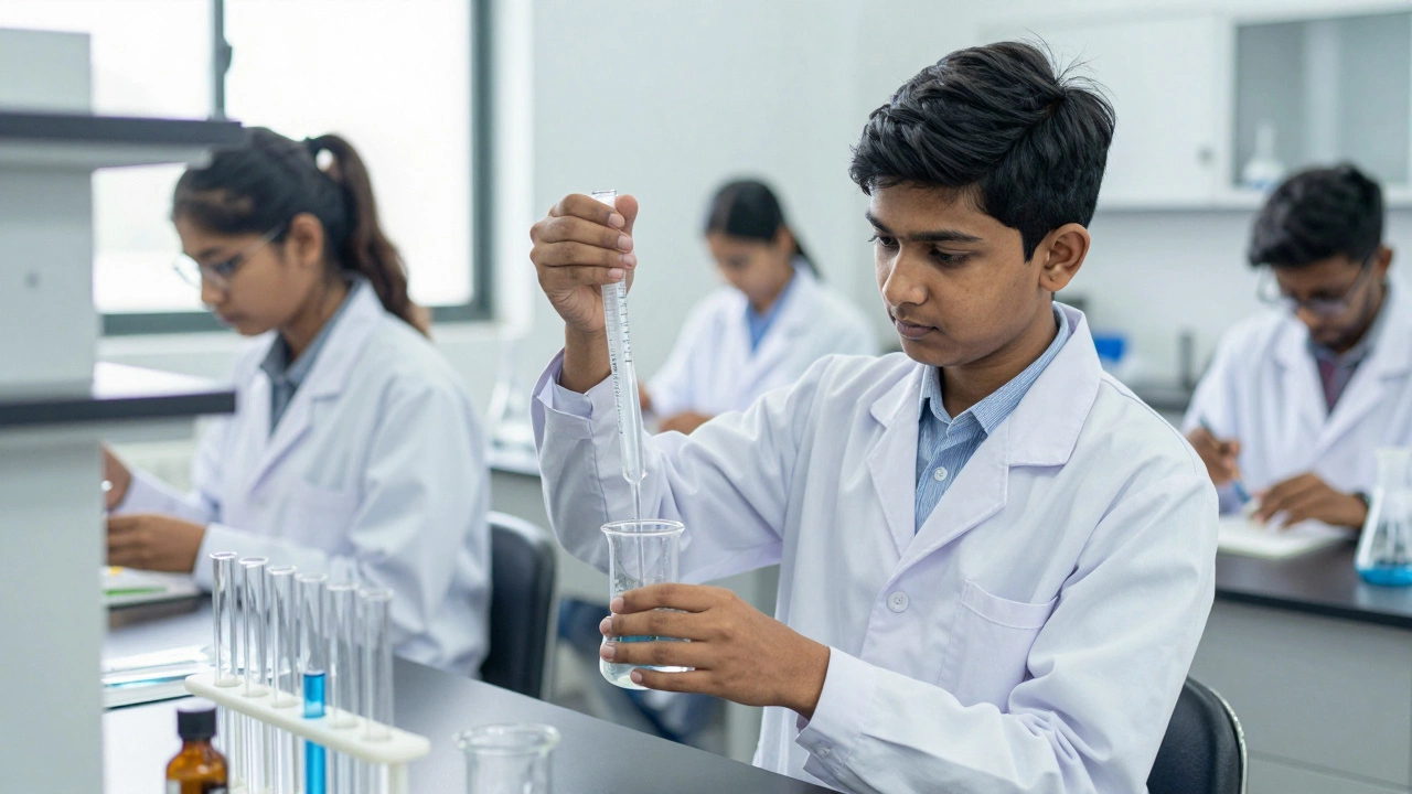 A student performing a chemistry titration experiment in a school laboratory