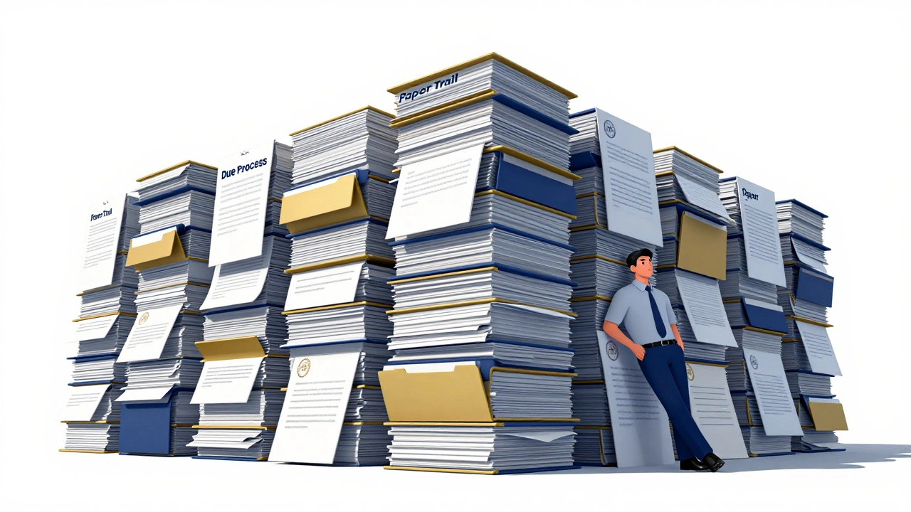 A worker protected by a massive wall of official government documents.