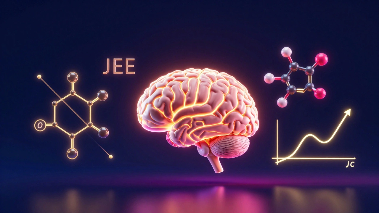 Conceptual 3D art showing floating physics vectors, organic chemistry molecules, and calculus curves.