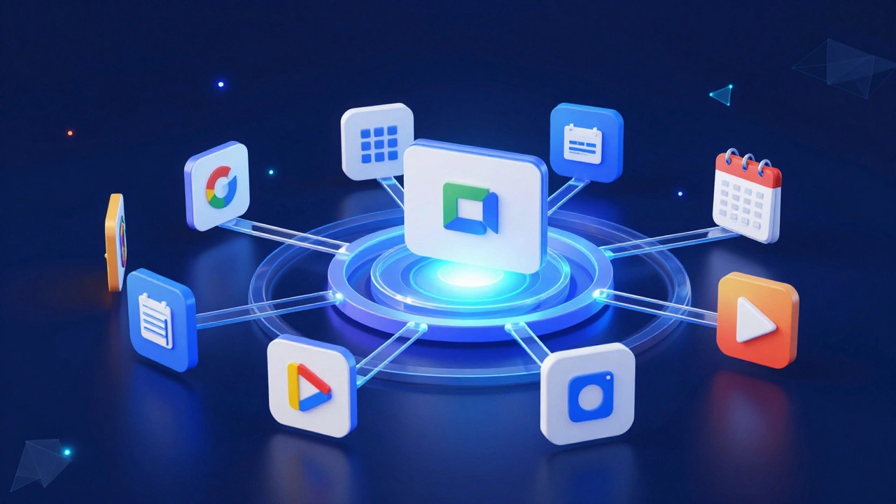 Conceptual 3D visualization of Google Classroom integrated with Meet, Calendar, and other educational tools.