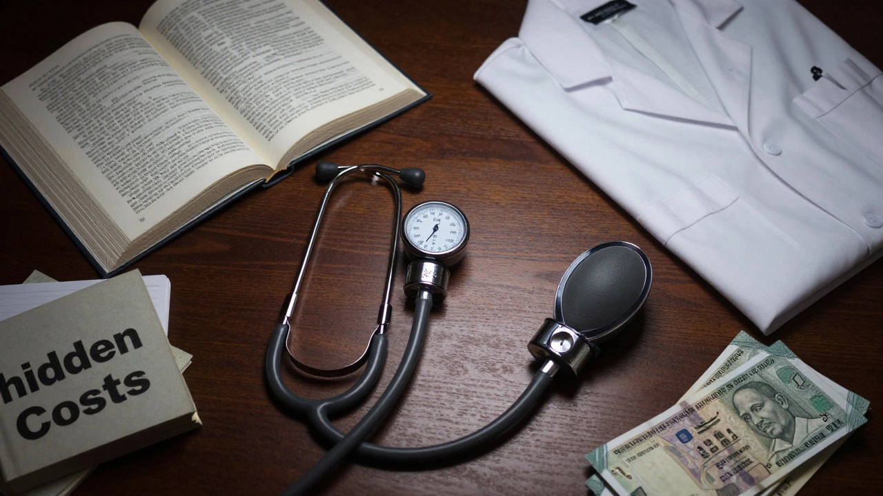 Medical tools, textbooks, and a lab coat on a desk representing the hidden costs of an MBBS degree