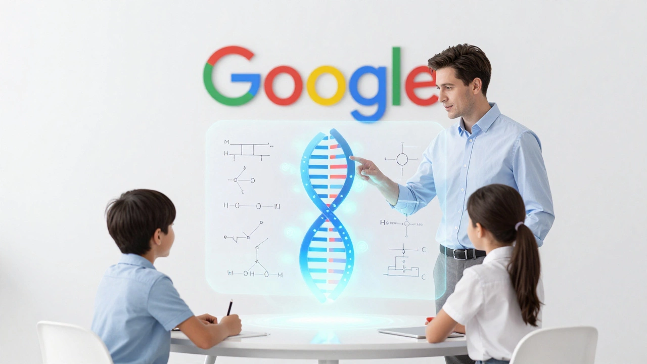 Teacher and student working with a futuristic AI assistant to create a holographic science lesson.