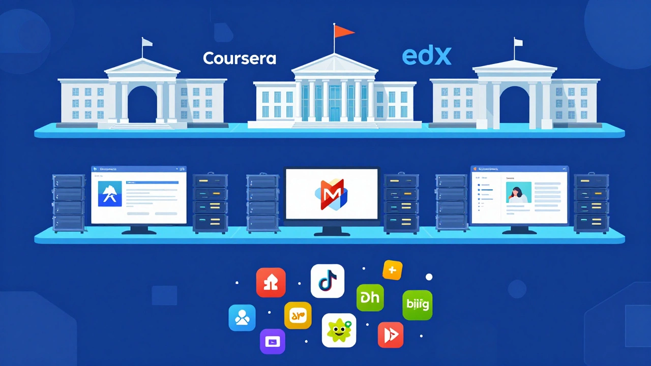 Abstract illustration dividing e-learning into MOOCs, LMS, and micro-learning apps.