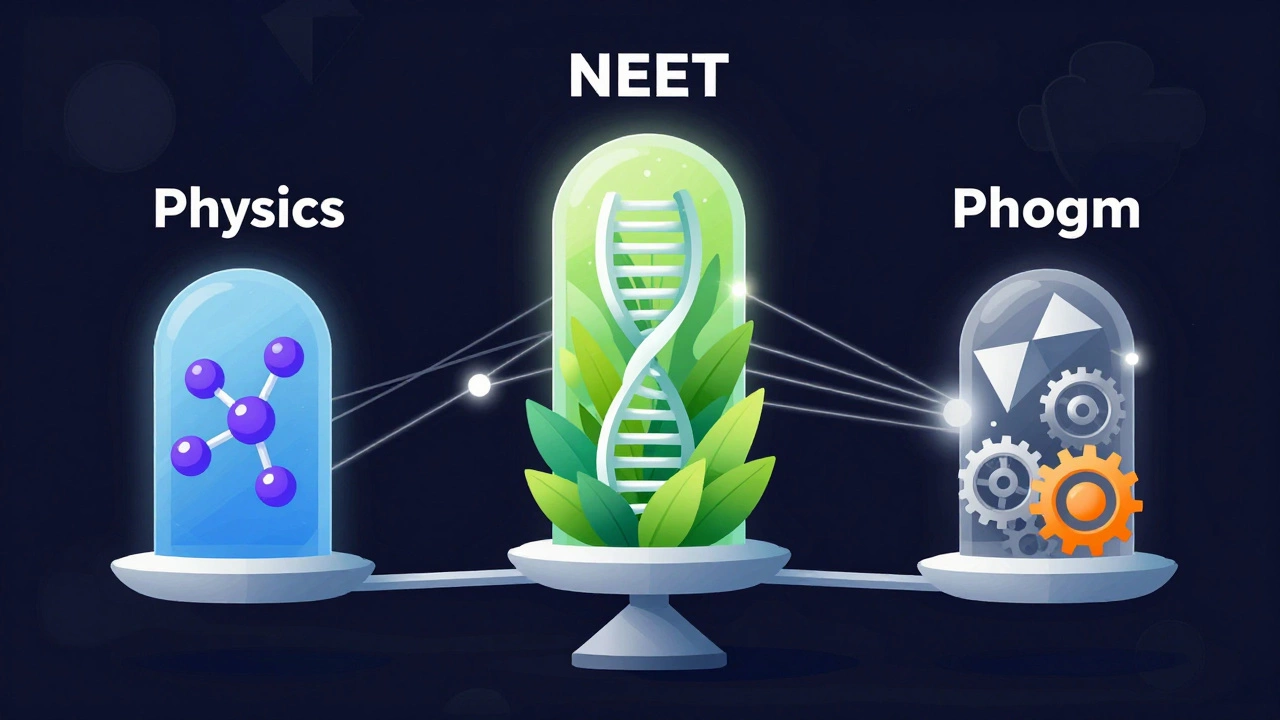 Abstract illustration of Biology, Chemistry, and Physics pillars
