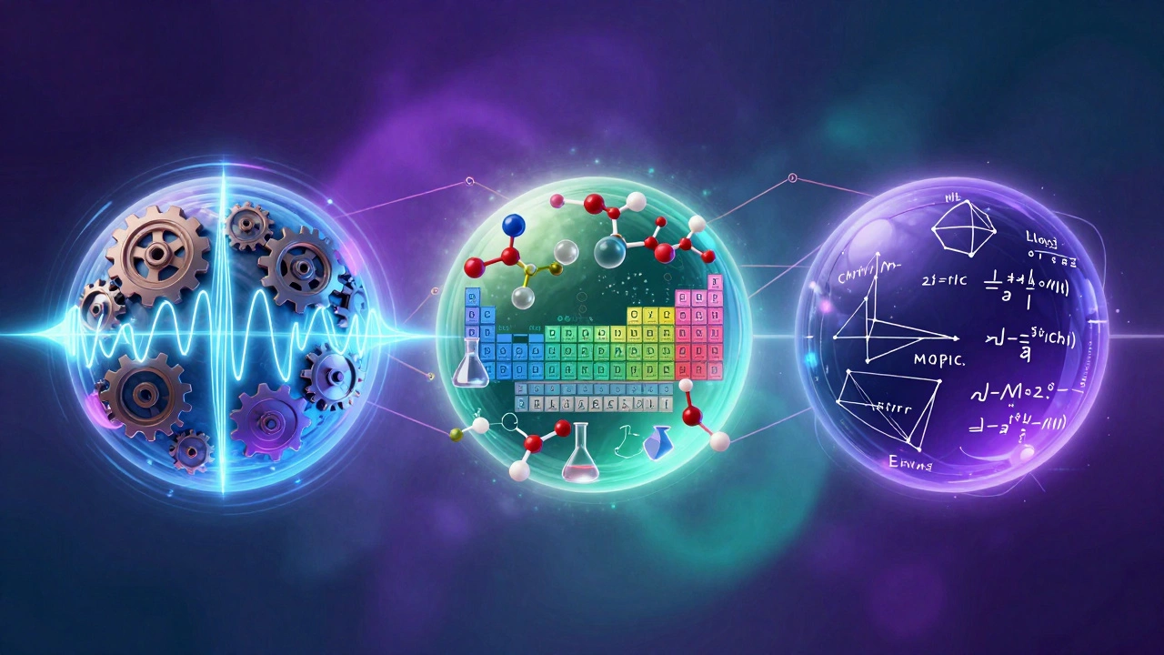 Abstract spheres representing Physics, Chemistry, and Math concepts.
