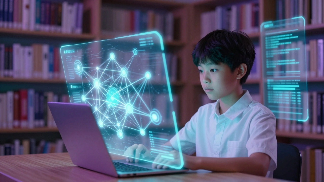 Holographic visualization of AI adapting educational content for a learner.