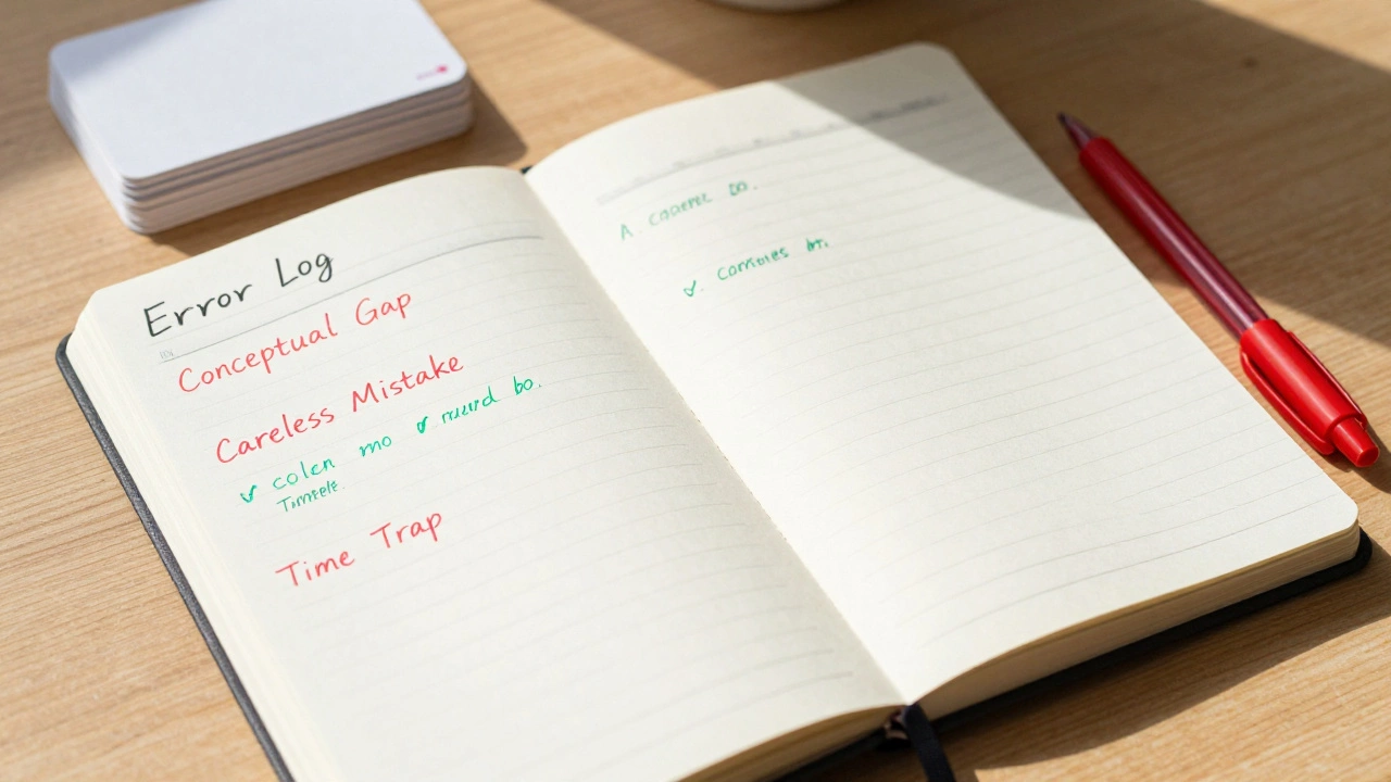 Open error log notebook with categorized mistakes and pens