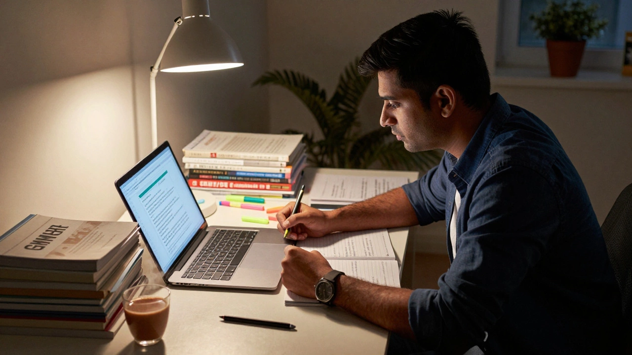 Professional studying for GMAT exam at night with chai