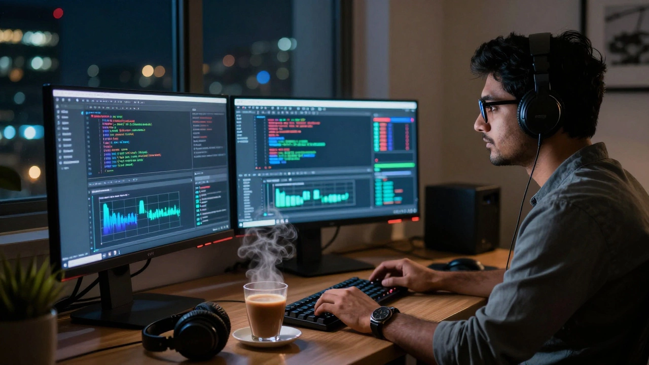 Remote coder working late at night with glowing screens