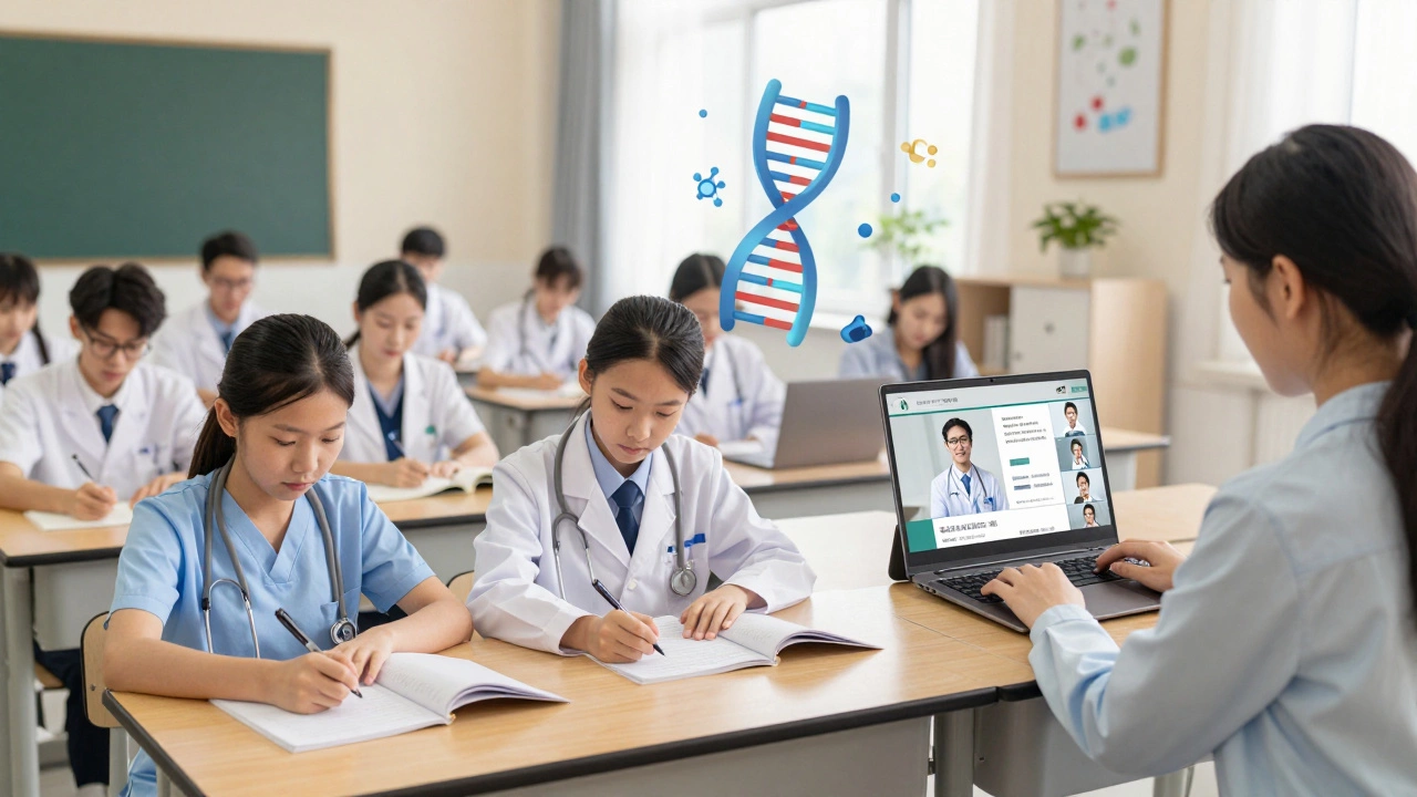 Split view showing traditional classroom study versus online remote learning for exams.