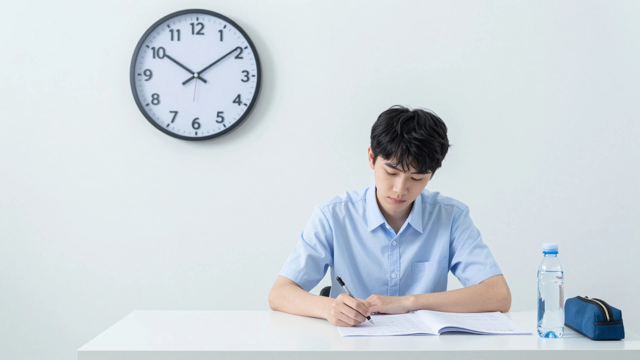 Student taking a timed mock test at a minimalist desk