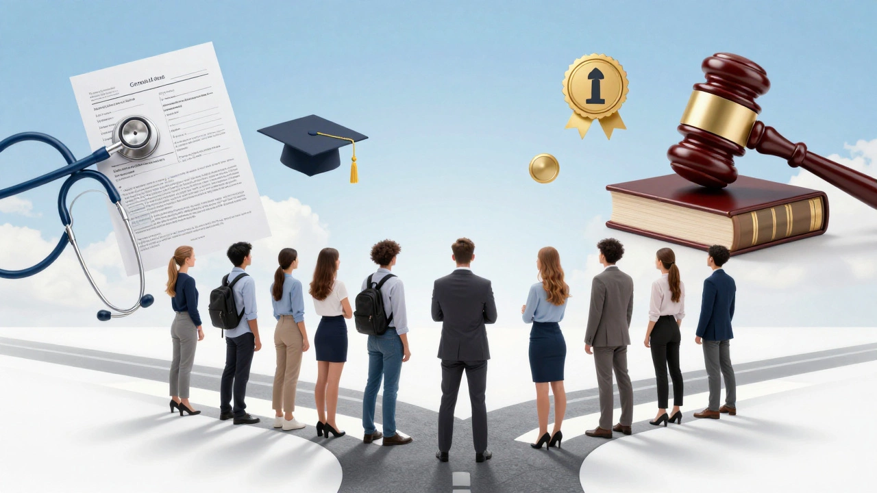 Students choosing paths between medicine, law, and finance careers
