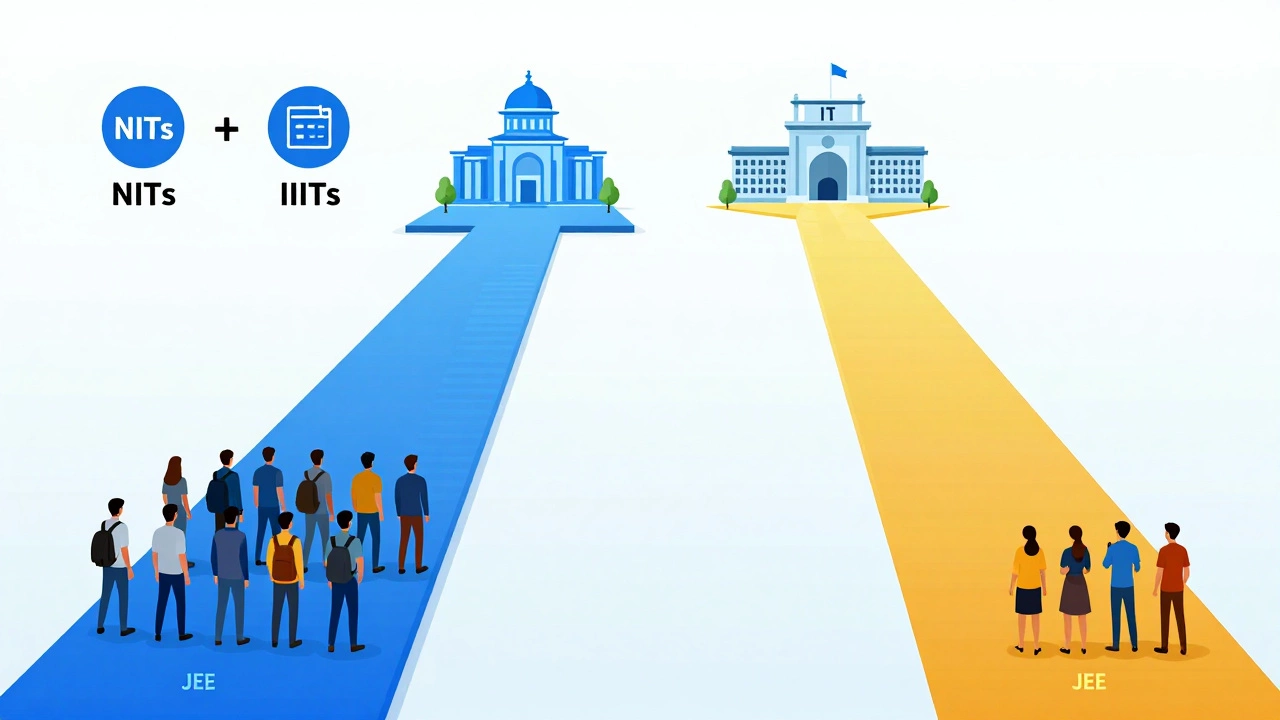 Visual metaphor of the two-tier JEE exam paths leading to different institutes.