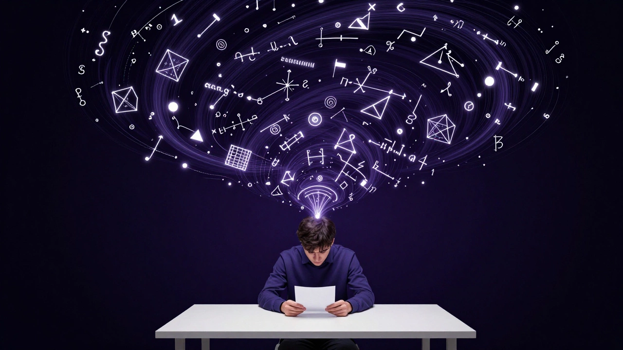 Abstract art showing a student facing complex mathematical chaos
