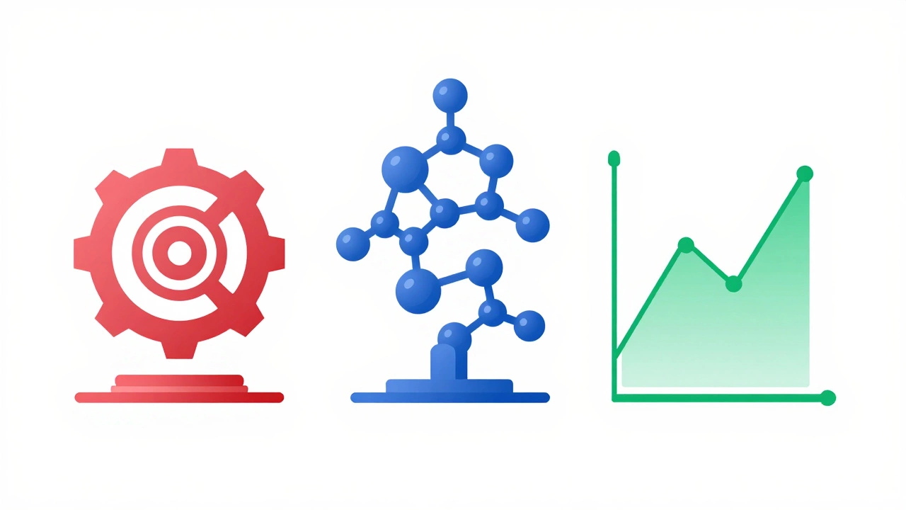 Abstract illustration of gears, molecules, and graphs