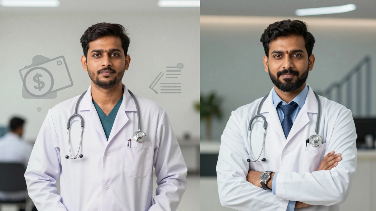 Conceptual split image comparing government vs private doctor salaries