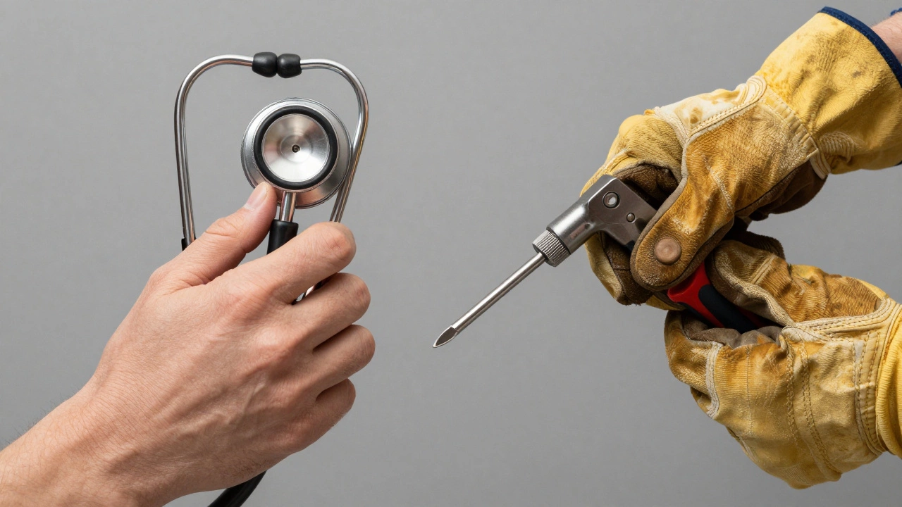 Contrast between hands holding medical tools for vocation and work gloves for trade skills