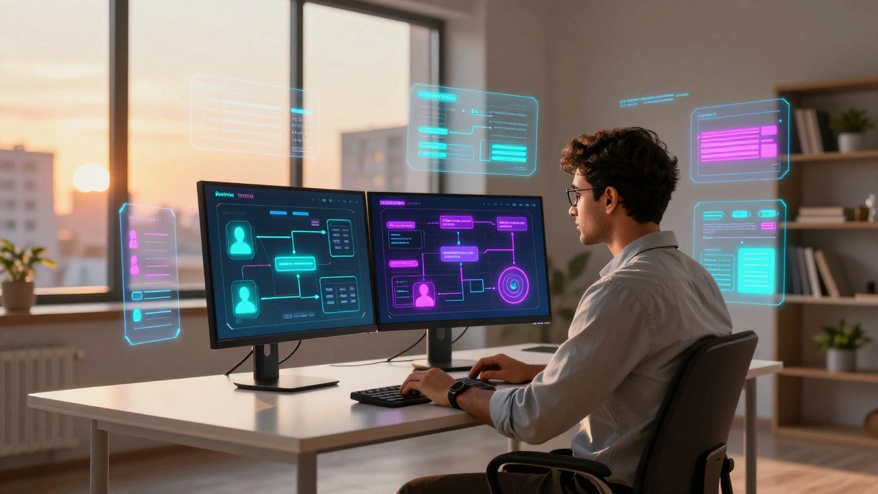 Freelancer managing AI workflows and sales funnels on glowing digital dashboards