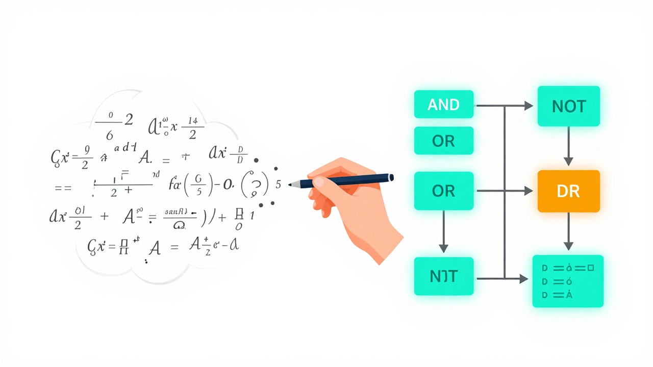 Illustration contrasting fading math equations with glowing logic gates and data structures.