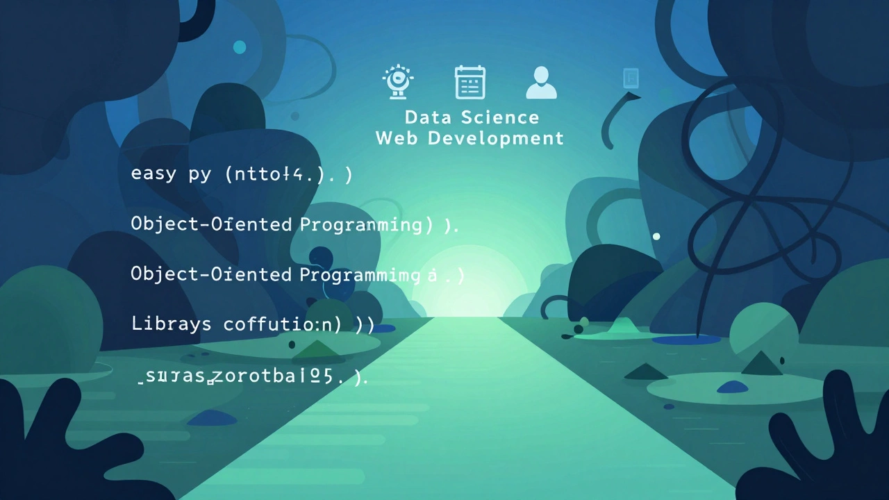 Illustration showing Python's easy syntax vs complex concepts