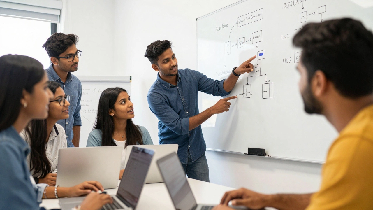 Indian students collaborating and learning to code together