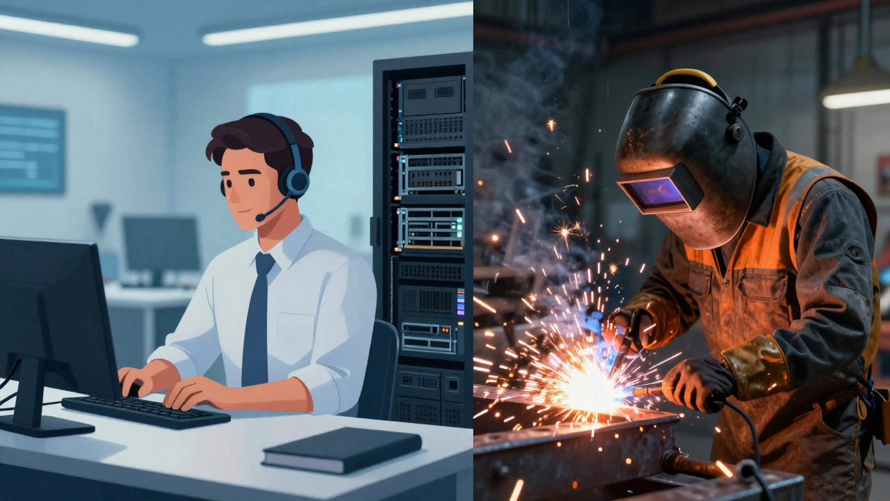 IT specialist and welder working in their respective professional environments