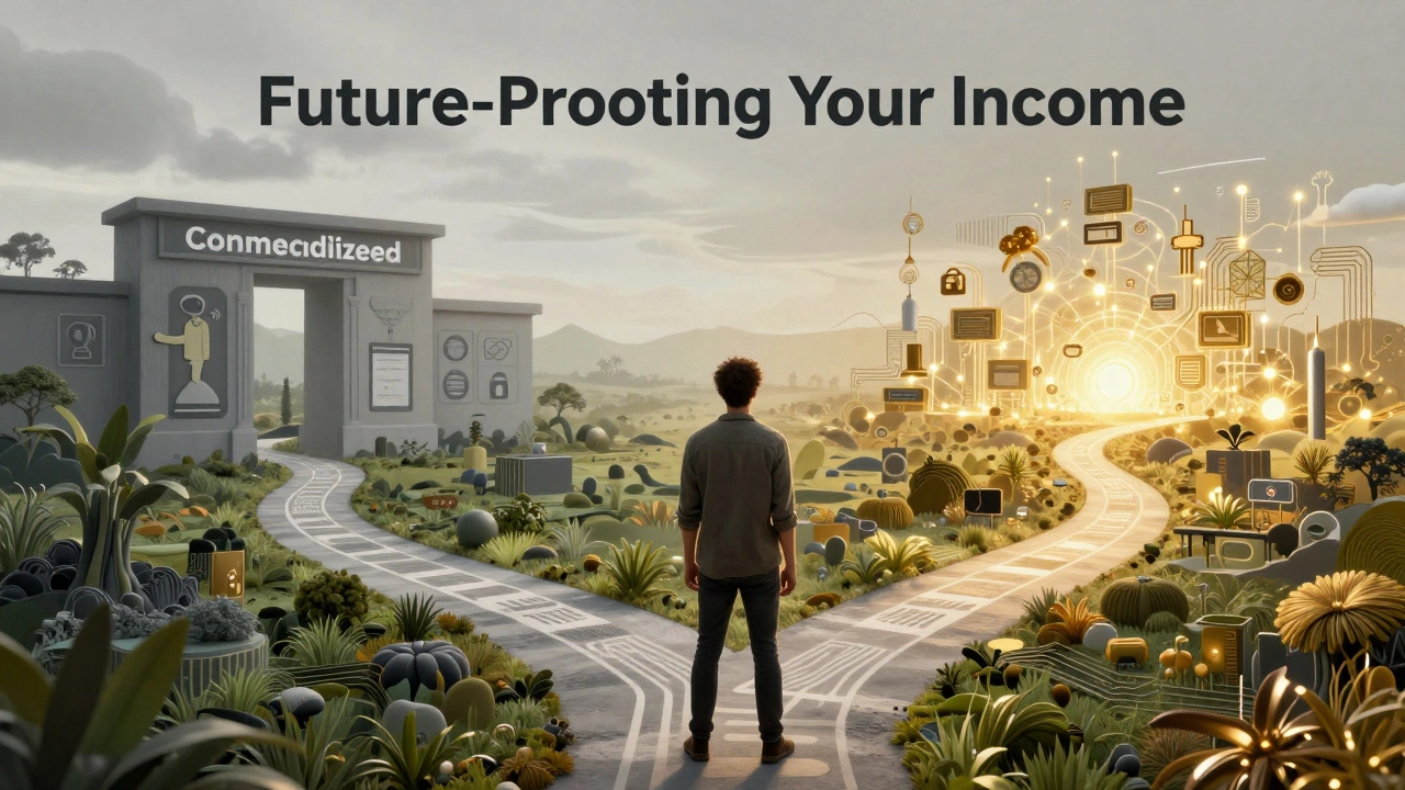 Person choosing a path toward scalable digital assets over traditional time-for-money work