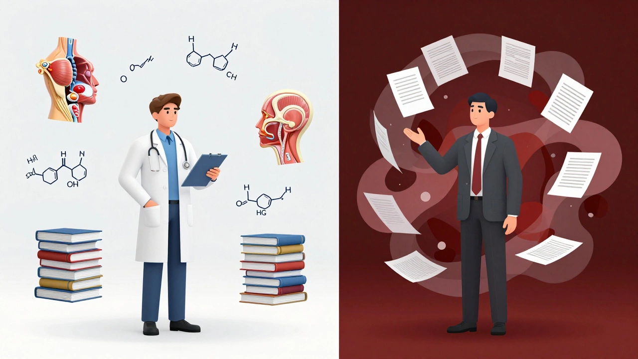 Split view contrasting medical memorization with legal analysis