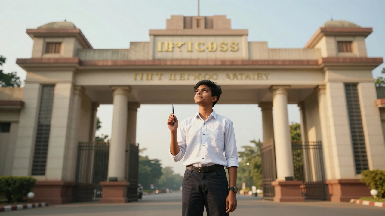 Student standing before a grand university gate in sunlight