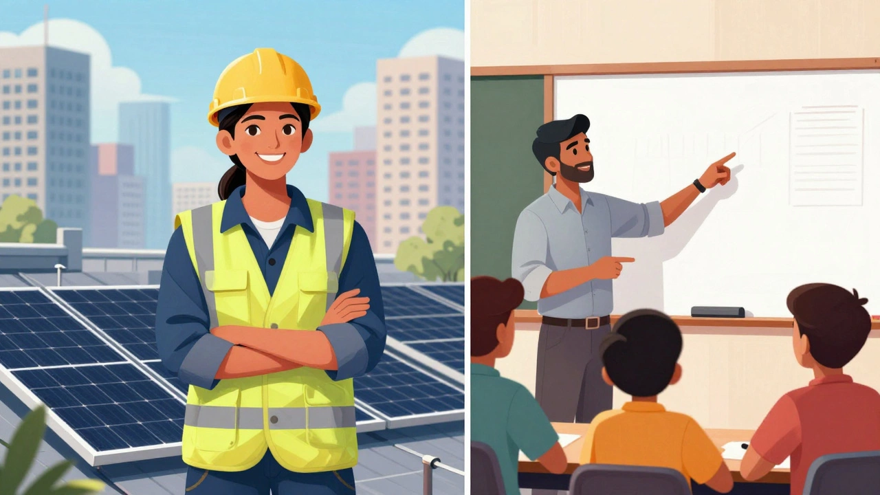 Successful electrician and teacher illustrating fulfillment in both career pathways