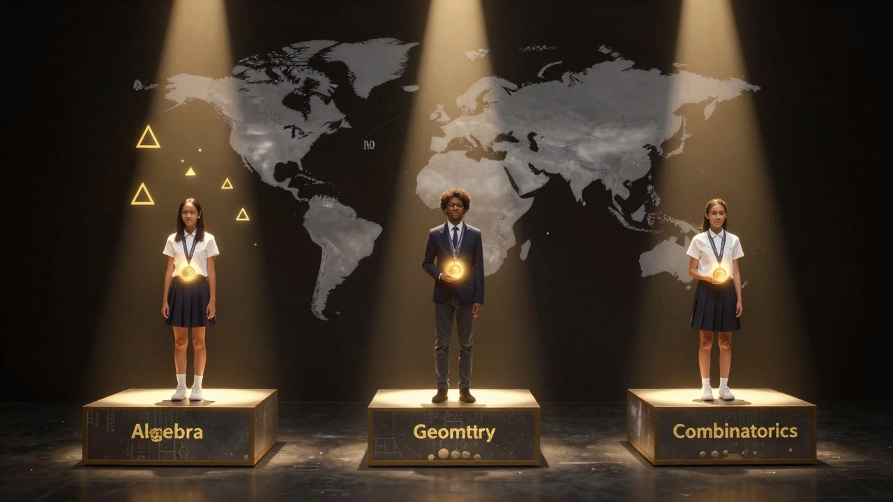 Three students on podiums representing global math olympiad stages