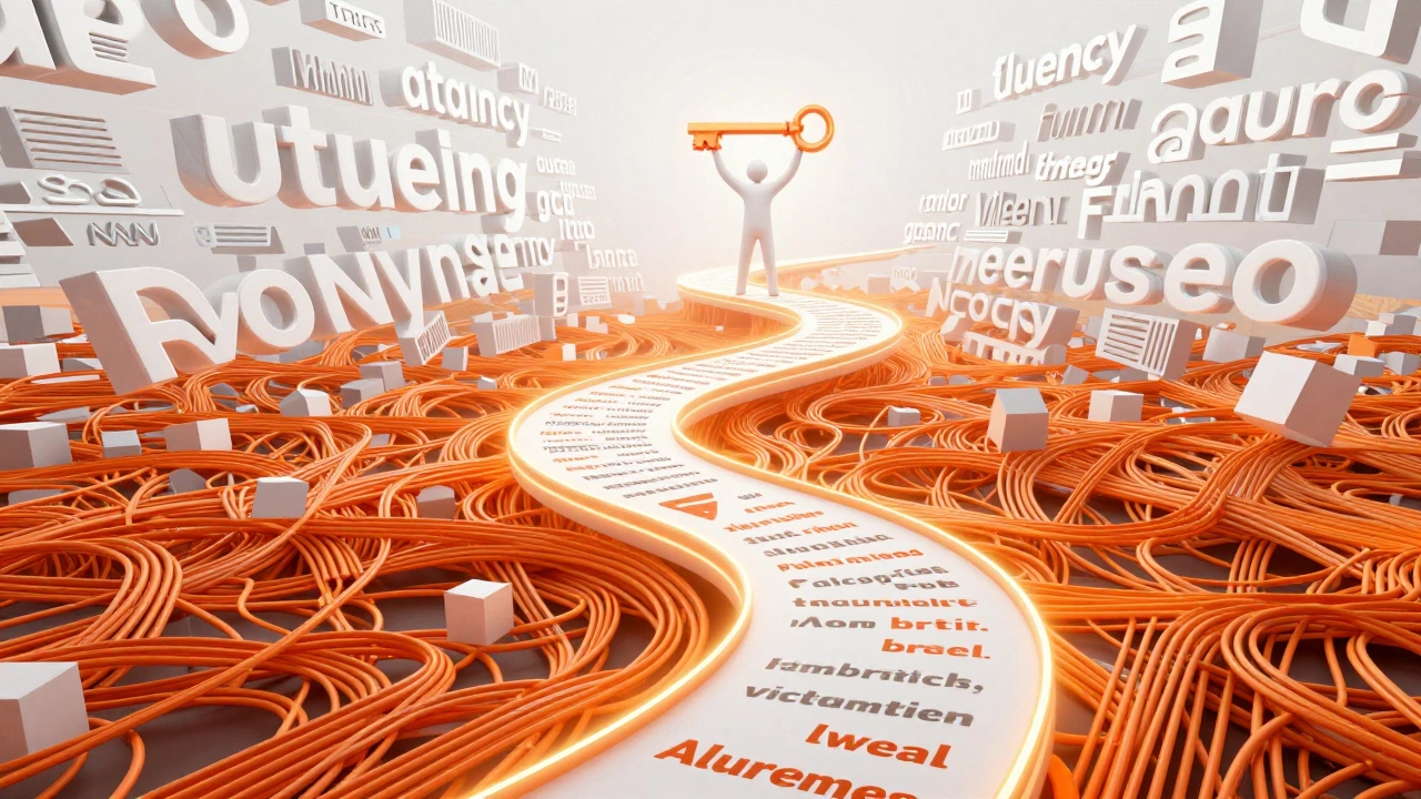 Abstract 3D render of a glowing path leading to language fluency mastery