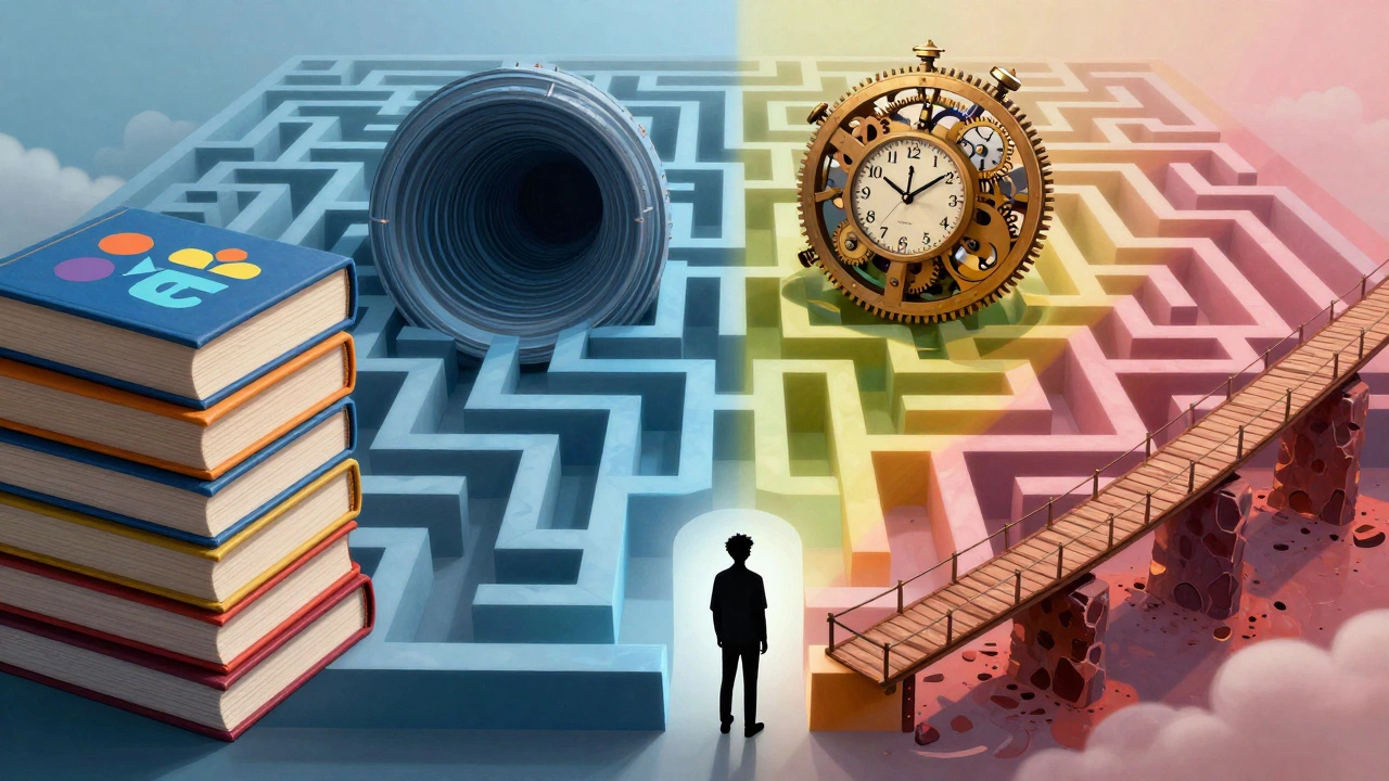 Abstract illustration of four difficult school syllabus paths