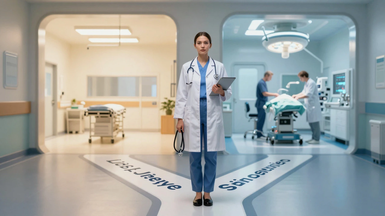 Female doctor choosing between surgical and non-surgical career paths