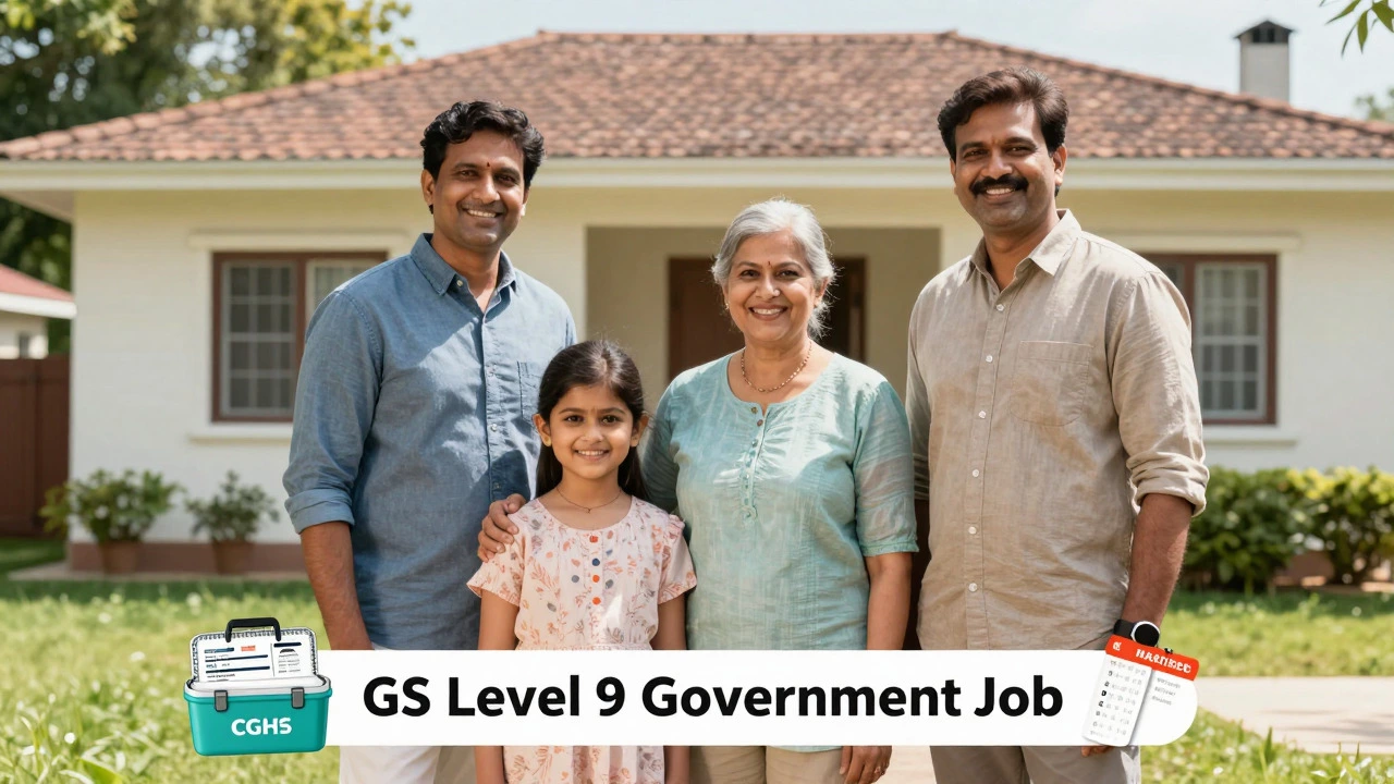 Happy Indian family outside a government quarter home, symbolizing job stability.