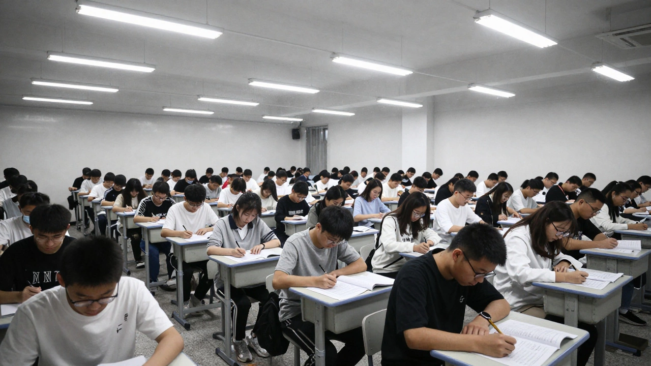 Massive exam hall filled with silent students taking Gaokao test